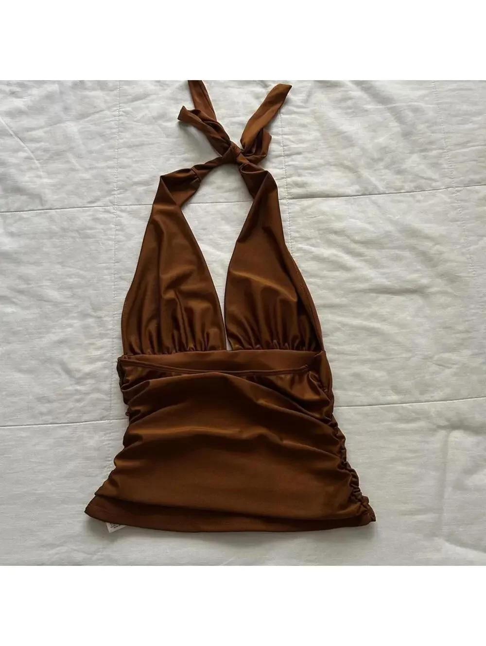 Orange Brown ruched halter neck top with tie detail Size medium - Picture 4 of 6
